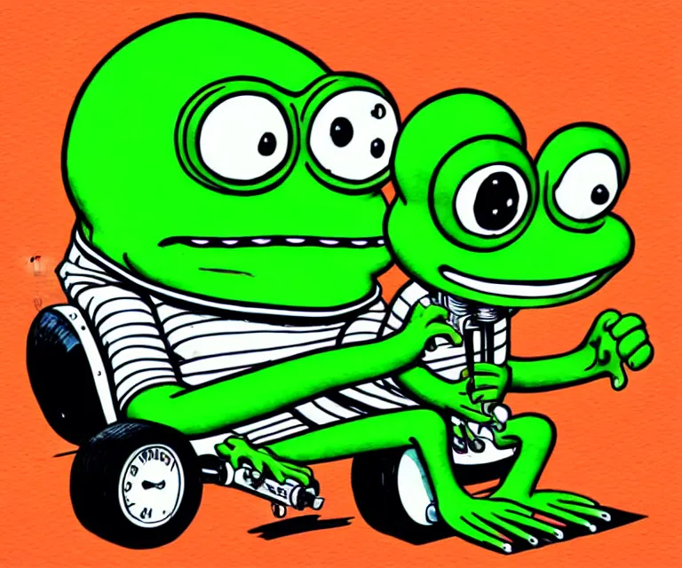 Prompt: cute and funny, pepe - frog, wearing a helmet, driving a hotrod, oversized enginee, ratfink style by ed roth, centered award winning watercolor pen illustration, isometric illustration by chihiro iwasaki, the artwork of r. crumb and his cheap suit, cult - classic - comic,