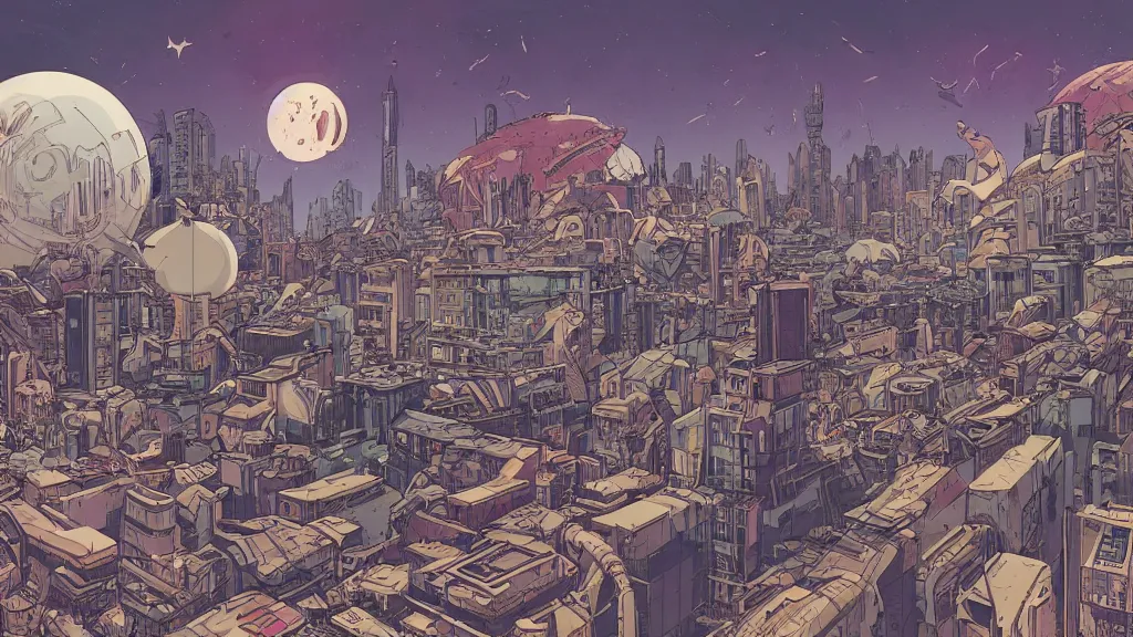 Image similar to very detailed, prophet graphic novel, ilya kuvshinov, mcbess, rutkowski, simon roy, illustration of decrepit arcologies skyline dystopian megacity with space junk floating in the sky on a dead planet earth, wide shot, colorful, deep shadows, astrophotography