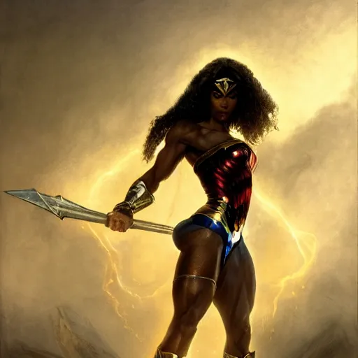 Image similar to : beautiful portrait of black wonder woman, bodybuilder posing, radiant light, caustics, war hero, metal gear solid, by gaston bussiere, bayard wu, greg rutkowski, giger, maxim verehin