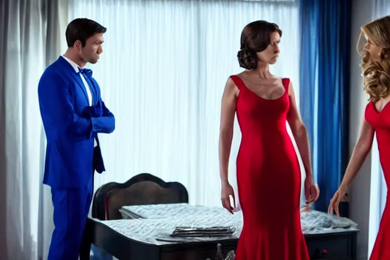 Prompt: full body film still of a man longingly looking at a woman in a red dress as a woman in a blue dress looks disgusted at the man in the new romance comedy movie, dramatic angle, dramatic lighting