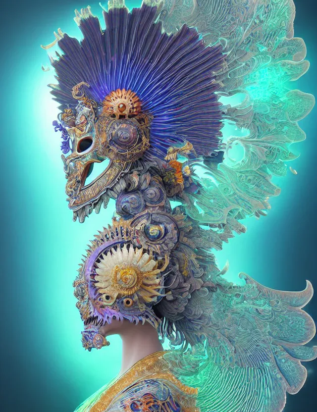 Image similar to 3 d goddess close - up profile solarpunk portrait ram skull. beautiful intricately detailed japanese crow kitsune mask and clasical japanese kimono. betta fish, jellyfish phoenix, fractal flame, bio luminescent, plasma, ice, water, wind, creature, artwork by tooth wu and wlop and beeple and greg rutkowski