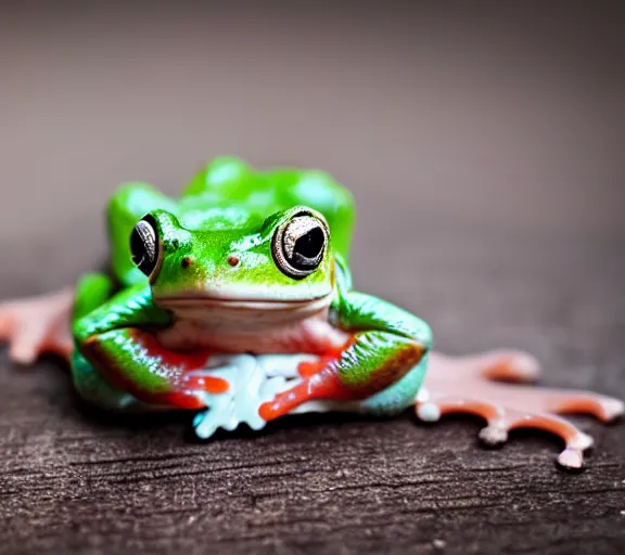 Prompt: photo, cute frog, flay, sitting on a mushroom, various poses, soft light, faded colors, well framed, sharp focus, 8 k