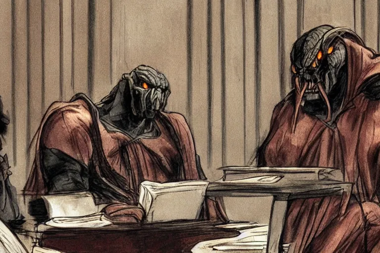 Prompt: balrog from lord of the rings sitting in court