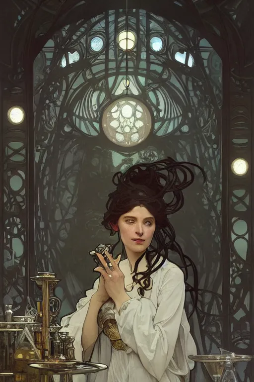 Image similar to portrait of an alchemist in a magic laboratory, by greg rutkowski and alphonse mucha, d & d character, gradient black to silver, medevial interior background, highly detailed portrait, digital painting, artstation, concept art, smooth, sharp focus ilustration, artstation hq