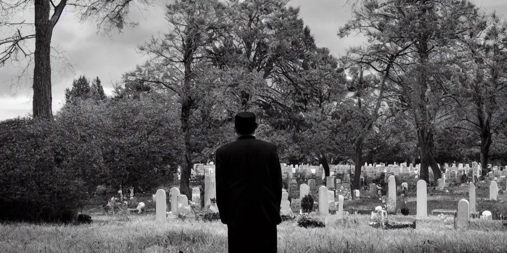 Prompt: Photo of a man in black spying on another man in the cemetery, the man's back is to the viewer