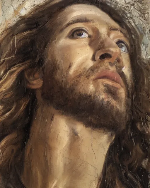 Image similar to a close up portrait of jesus, low angle, facing front, looking up, by Lucian Freud and Jenny Saville, oil painting, anatomically correct, beautiful perfect face, visible brushstrokes, sharp focus, Highly Detailed, Cinematic Lighting, 8k, HD