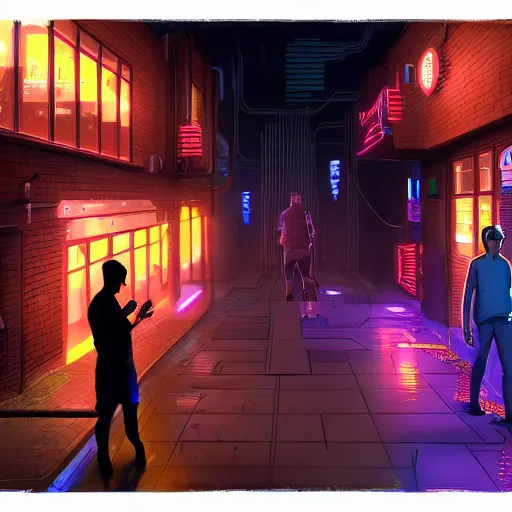 Prompt: two people arguing, detailed digital illustration by matt zeilinger, cyberpunk back alley, nighttime, colorful lighting, android netrunner