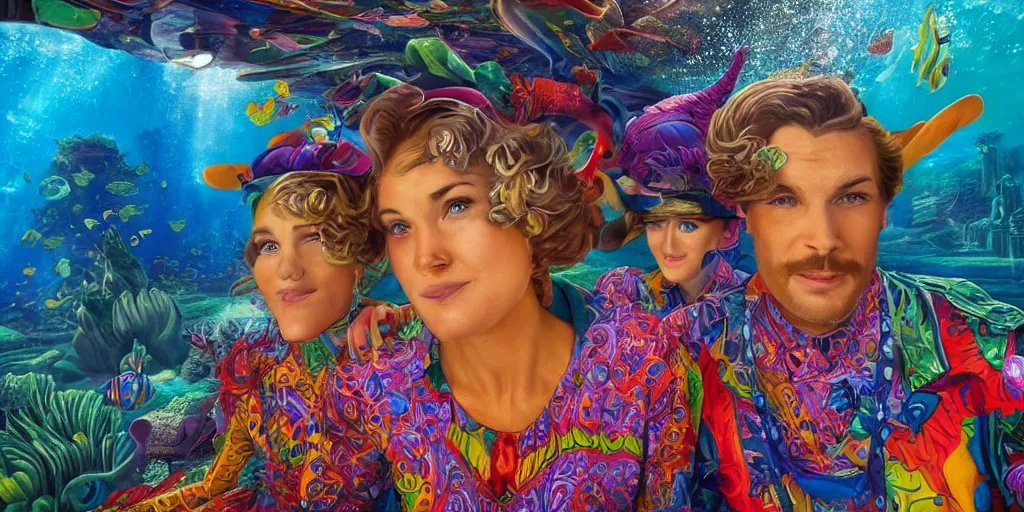 Prompt: detailed colourful masterpiece of photography couple portrait sat down extreme closeup, in the inside of the beautiful underwater train to atlantis, detailed realistic expressions, wearing unusual clothes, by greg hildebrandt