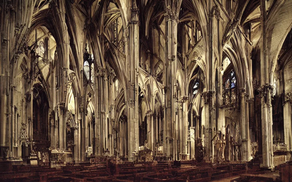 Image similar to cathedral made of flesh and bones, realistic, old color photograph, dynamic composition, creepy