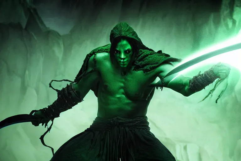 Image similar to vfx film, soul reaver, raziel irl, price of persia movie, missing jaw, hero pose, devouring magic souls, glowing green soul blade, in epic ancient sacred huge cave temple, flat color profile low - key lighting award winning photography arri alexa cinematography, hyper real photorealistic cinematic beautiful, atmospheric cool colorgrade