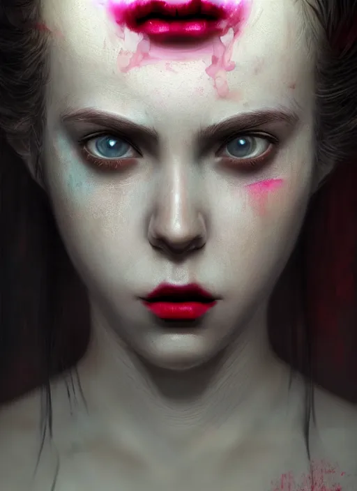 Image similar to portrait of sinister girl with pouty aerochrome lips, fungal, unforgivable, cute bandaid on nose!!, expressive eyes, full body, deathly skin, greg rutkowski, charlie bowater, yuumei, stephen gammell, unreal 5, daz, hyperrealistic, octane render, rpg portrait, dynamic lighting, fantasy art, beautiful face