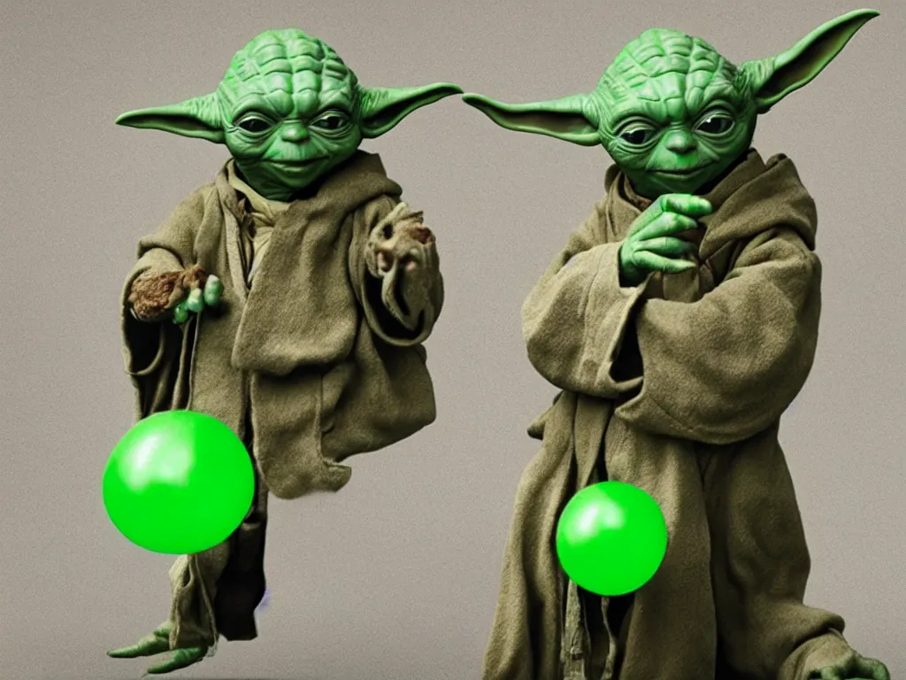 Image similar to a photo of yoda holding a green balloon in the tokyo suburbs by wes anderson, highly detailed, trending on artstation