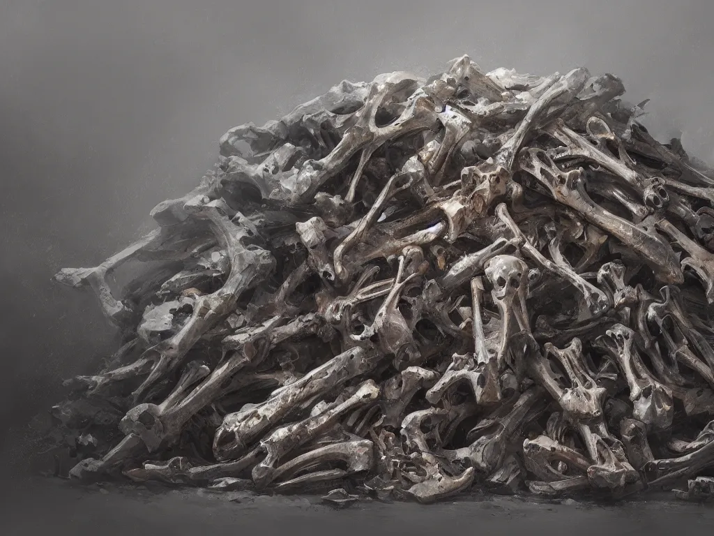 Prompt: A beautiful concept art painting of a pile of bones, most of which are cracked, collapsing, by Natasha Tan, trending on artstation, dramatic lighting