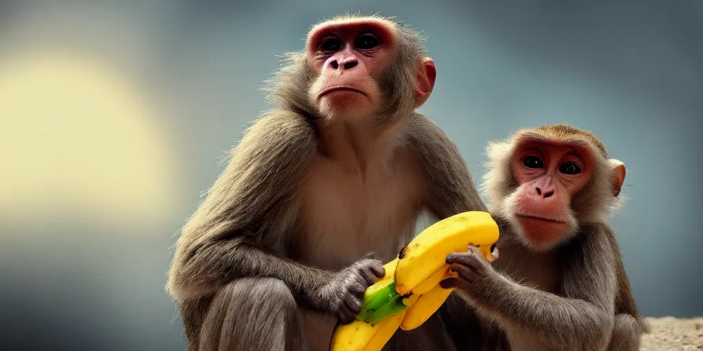 Image similar to a monkey on planet mars eating banana, artstation top, high definition, deviant art, extremely beautiful