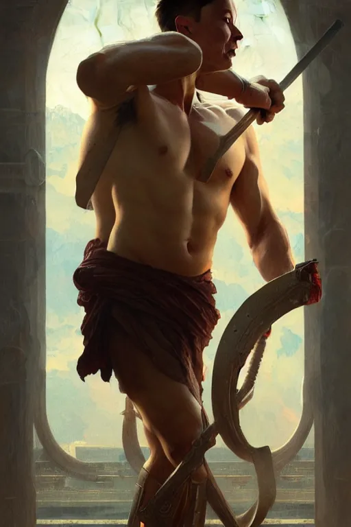 Prompt: Elon Musk as a Greek god, gorgeous, amazing, muscular, fit, intricate, highly detailed, digital painting, artstation, concept art, sharp focus, illustration, art by greg rutkowski and alphonse mucha