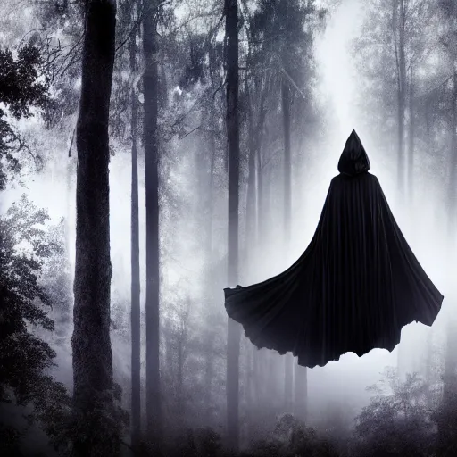Image similar to a high detailed photo of a lady in a dark cloak suspended in mid air, ancient forest, mist, 35mm, photorealistic, realistic, deviantart, gloomy atmosphere, high definition