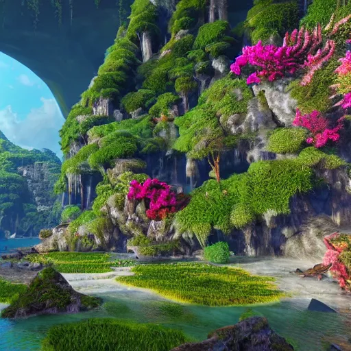 Prompt: the most beautiful place in the earth, stunning visual landscape, cinematic lighting, ray tracing, colourful vegetation, intricate, hyper - detailed, hyper maximalist, 4 k unreal engine 5 render