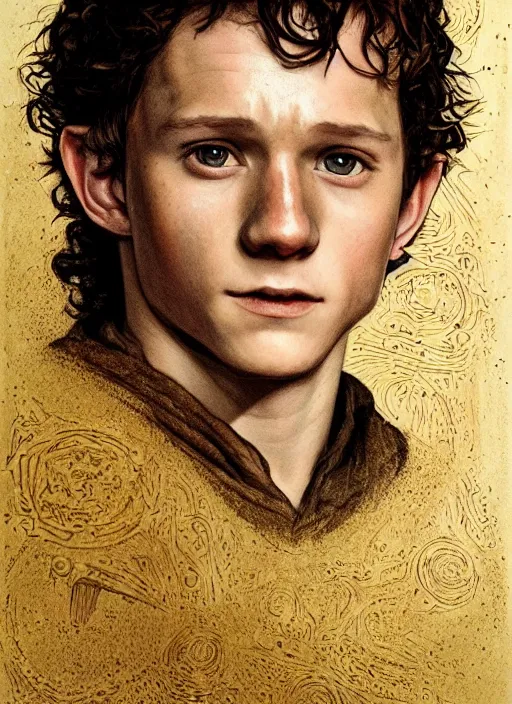 Image similar to portrait of tom holland as frodo, hobbit wearing a gold ring with engravings on his finger, by alan lee, lord of the rings, smooth, detailed terrain, oil painting, matte painting, concept art, trending on artstation, promotional artwork, film still, elegant, photorealistic facial features, intricate, detailed face, cinematic lighting