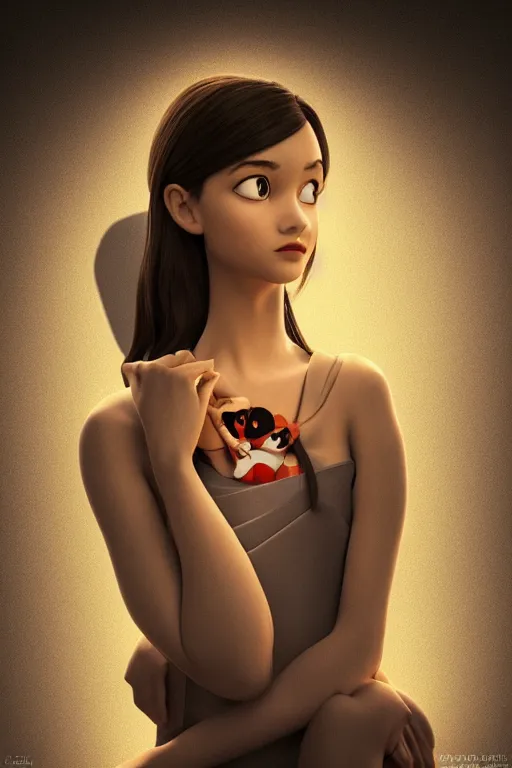 Image similar to symmetrical portrait of a lovely pianist girl by pixar, digital 3 d, oct, beautiful, gorgeous, dramatic lighting, rule of thirds, perfect composition, trending on artstation, 4 k