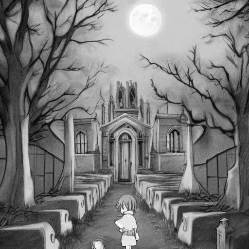 Image similar to anime hd, anime, 2 0 1 9 anime, ghost children, children born as ghosts, dancing ghosts, london cemetery, albion, london architecture, buildings, gloomy lighting, moon in the sky, gravestones, creepy smiles