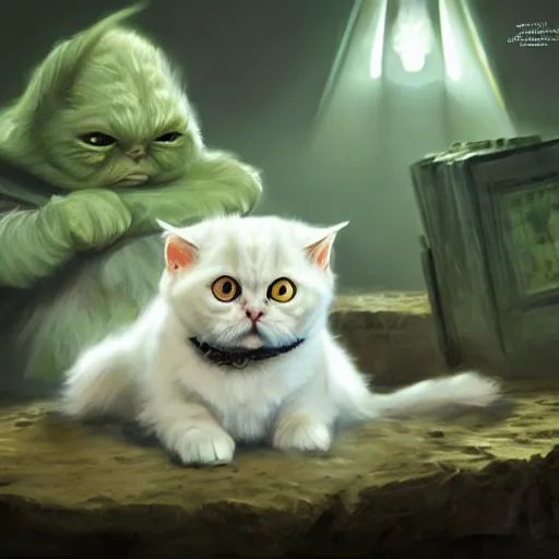 Image similar to scottish fold cat/yoda, magic the gathering artwork, D&D, fantasy, cinematic lighting, centered, symmetrical, highly detailed, digital painting, artstation, concept art, smooth, sharp focus, illustration, volumetric lighting, epic Composition, 8k, art by Akihiko Yoshida and Greg Rutkowski and Craig Mullins, oil painting, cgsociety