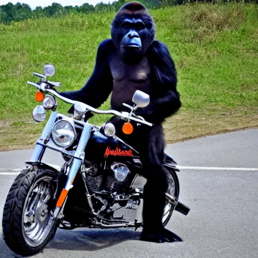 Prompt: gorilla on a Harley Davidson on the road, funny picture