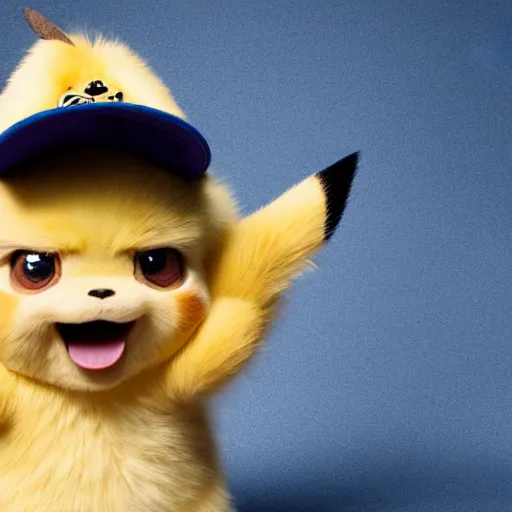 Image similar to portrait sneezing mid - sneeze cute detective pikachu mid - sneeze wiping face with rag at a photoshoot studio lighting