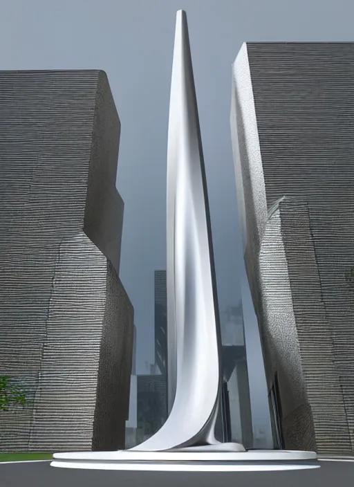 Image similar to highly detailed realistic architecture 3 d render of a metallic stele monument in zaha hadid style standing on a side of a road, archdaily, made in unreal engine 4 octane render