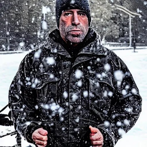 Prompt: joe rogan wearing arctic clothing, riot gear, in snow storm, apocalyptic