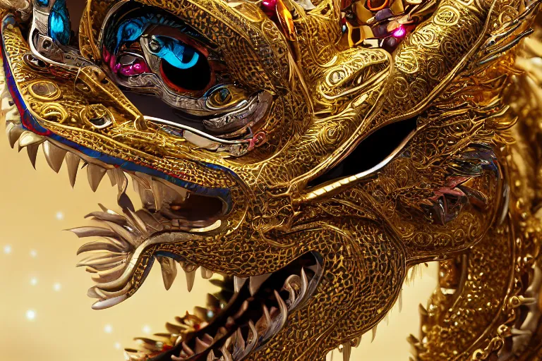 Image similar to cinematic closeup portrait of a miniature gold and silver chinese dragon intricately decorated with colorful jewels, detailed textures, midnight city lights, strong bokeh, dramatic lighting, unreal engine, cgsociety, artstation, 4k