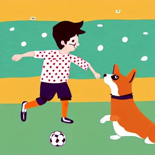 Image similar to illustration of boy playing football with a corgi wearing a polkadot scarf on the streets of paris