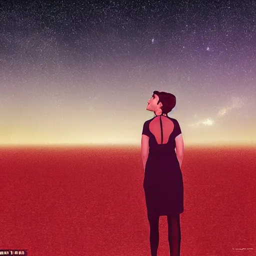 Prompt: a retro-futuristic scene with a woman look up at the starry sky from a barren red landscape, surreal art