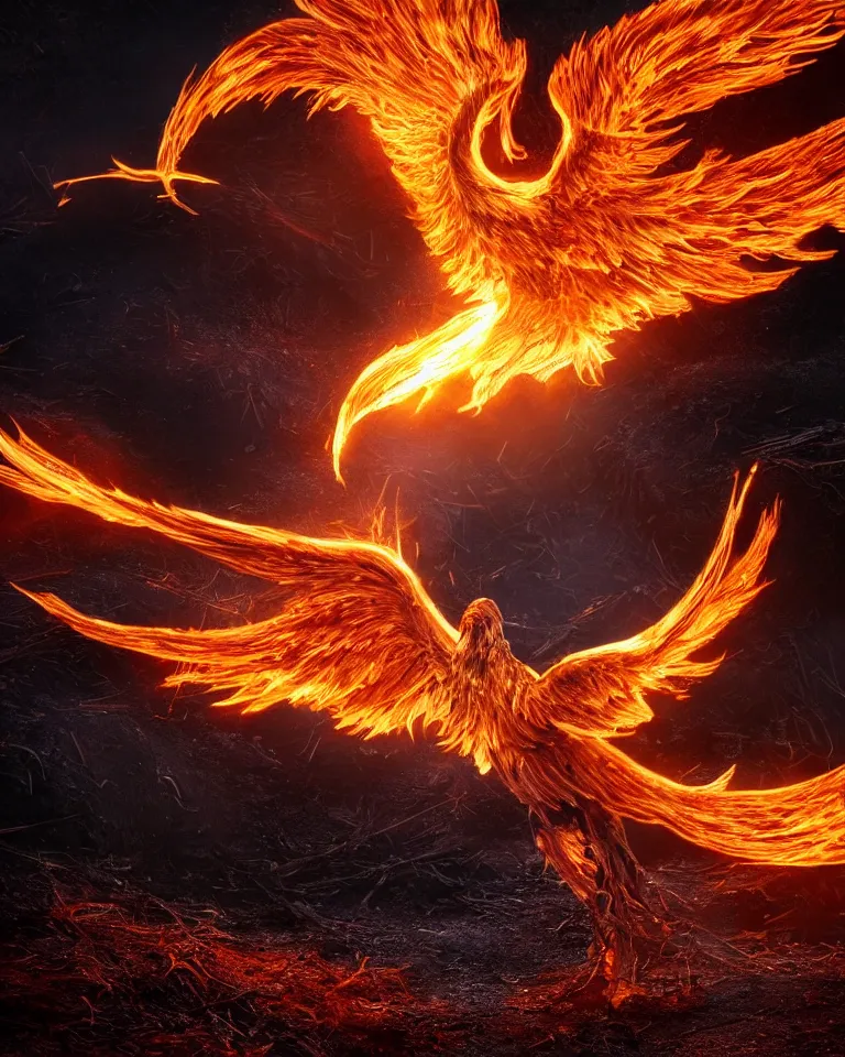 Prompt: a beautiful and imaginary photoreaslistic render of a burning steel phoenix rising out of the dirt and ashes, ethereal lighting, pixie dust magic, brilliant glow, cinematic, epic, epic scale ultrawide angle, deep vivid colors,