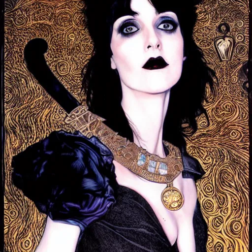 Prompt: death, a young and beautiful pale goth girl wearing a black vest and black punk hair, an ankh medallion hangs around her neck. the actress winona ryder, portrait by joshua middleton and gustav klimt, vertigo comic