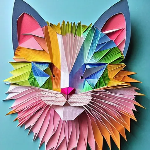 Prompt: Highly detailed and intricate Rainbow papercraft cat