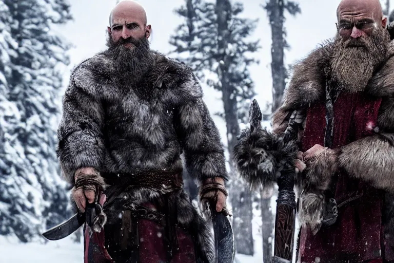 Image similar to vfx movie tough bald man in furs, natural grizzled skin, streaks of red face paint grey beard, dual wielding detailed viking war axes, in snowy tahoe, god of war by emmanuel lubezki