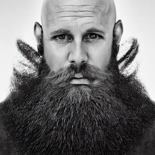 Prompt: 8k photography from a balded middle aged man with a black and white short designer beard, Photography by Jimmy Nelson