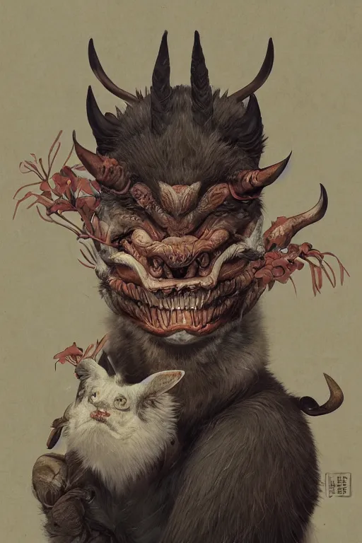 Image similar to a portrait of a japanese devil animal illustrated by miyazaki by karol bak, james jean, tom bagshaw, rococo, sharp focus, trending on artstation, cinematic lighting, hyper realism, octane render, 8 k, hyper detailed, vivid, ultra detailed, highly detailed