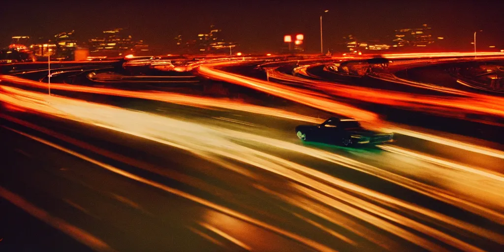 Prompt: 8 0 s movie still, car on the highway at night with bright city in background, medium format color photography, 8 k resolution, arri 3 5 mm cinema, hyperrealistic, photorealistic, high definition, highly detailed, tehnicolor, anamorphic lens, award - winning photography, masterpiece