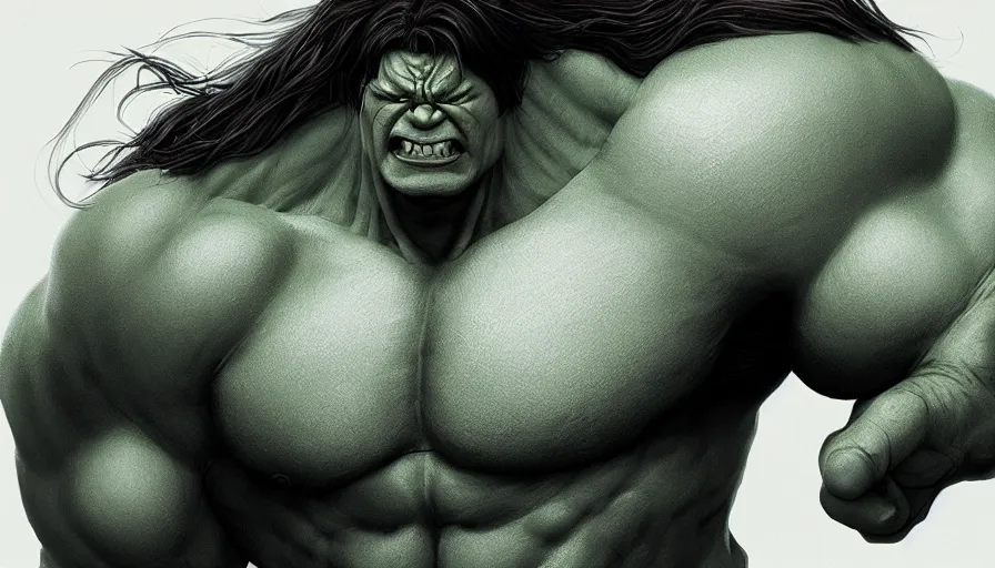 Prompt: Hulk with long hair and long beard, hyperdetailed, artstation, cgsociety, 8k