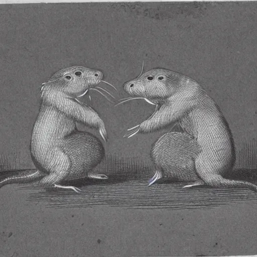 Image similar to 1800s field-journal style line art of two muskrats slow-dancing, very detailed