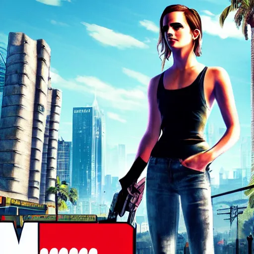 Prompt: emma watson on a gta 5 cover art