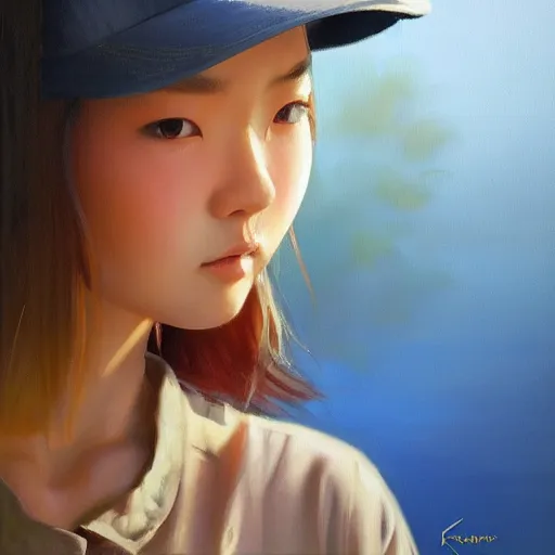 Image similar to oil painting by ilya kuvshinov,, baugh casey, artgerm craig mullins, coby whitmore, of a youthful japanese girl, long hair, fishing and wearing fisherman's outfit, fisherman's hat, highly detailed, breathtaking face, studio photography, noon, intense bounced light, water reflection, large tree casting shadow, serine intense sunlight