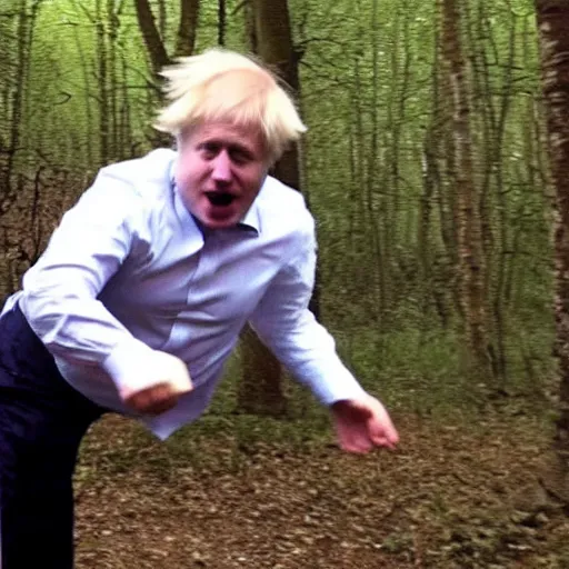 Prompt: drunk boris johnson chasing you in a forest, trailcam footage, horror shot, creepy