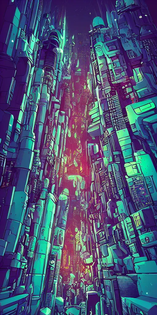 Image similar to astronaut cyberpunk surreal upside down city, neon lights, sharp edges, flat colors, cell shaded by moebius, Jean Giraud, trending on artstation