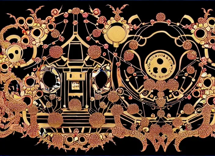 Image similar to baroque rococo bedazzled gothic royalty fractal frames surrounding a futuristic japanese cyberpunk bladerunner silk screen by utagawa yoshiiku, ohara koson, pixiv contest winner, cyberpunk style, horrorcore cyberpunk color scheme, mechanical, robotic, human machine interface, high resolution, hd, bold clear lines