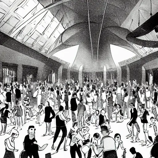 Image similar to cartoon, a lot of people communicating with each other in groups of ten, a large hall, dim painterly lighting volumetric aquatics, party