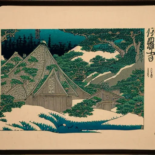 Image similar to the shire, highly detailed, intricate, in the style of hokusai