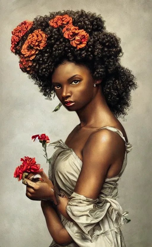 Prompt: surrealism, beautiful black woman with curly hair, holding flowers, hyper realism, muted colours, rococo, highly detailed, realistic, portrait