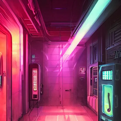 Prompt: a vending machine dimly neon lighting a dark alley, futuristic, cyber, sci - fi, volumetric light, foggy atmosphere, artstation, highly detailed, sharp focus, digital art, trending,, by greg rutkowski and gaston bussiere, vibrant lush neon lighting, beautiful volumetric - lighting - style atmosphere, futuristic atmosphere, intricate, detailed, photorealistic imagery